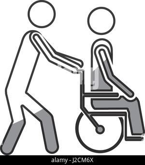 Graustufen-Silhouette mit Person hilft ein anderes schieben eines Rollstuhls Stock Vektor