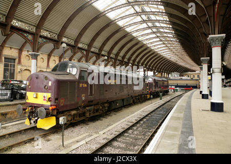 West Coast Eisenbahn Klasse 37 Lokomotiven im Bahnhof York, UK Stockfoto