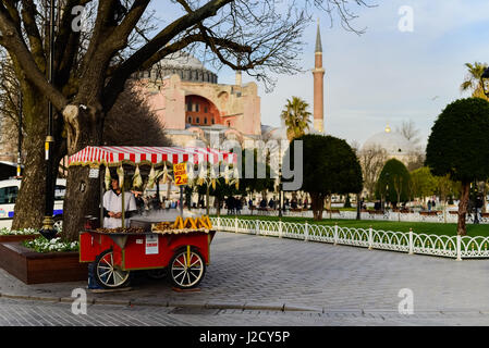 ISTANBUL, TÜRKEI - 24. MÄRZ 2017. Traditionelle rote Türkei Kiosk mit gekochten Mais am 24. März 2017. Verkäufer steht in der Nähe. Landmark-Moschee im Hintergrund Stockfoto