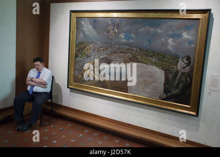 Depotbank schützt das Gemälde "Ansicht und planen von Toledo" (1608) durch spanische manieristische Maler El Greco im Museo El Greco in Toledo, Spanien angezeigt. Stockfoto