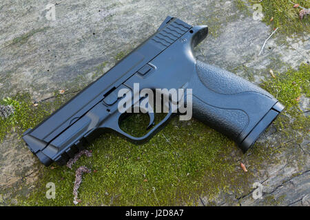 Die Waffe in den Wäldern auf den Stumpf. Stockfoto