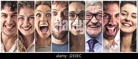 Collage von 8 Menschen lachen Stockfoto