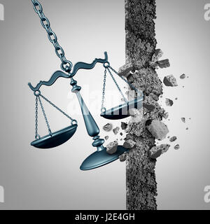 Brechen der Rechtsgrund und Rechtsanwalt Dienstleistungen Erfolgsgrad als Gerechtigkeit Waage eine Wand wie eine Abrissbirne mit 3D Abbildung Elemente zu zerstören. Stockfoto