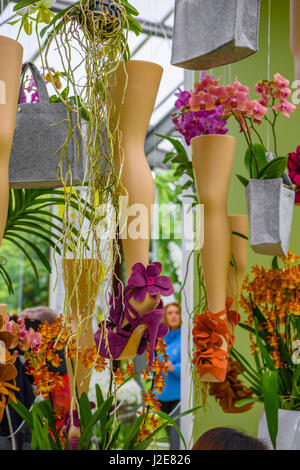 Orchideen und Beine mit high Heels in Keukenhof Park, Lisse, Holland, Niederlande. Stockfoto