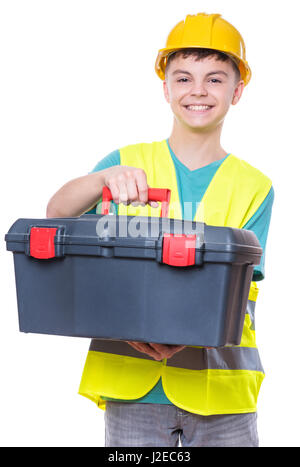 Jungen tragen gelb Arbeitshelm Stockfoto