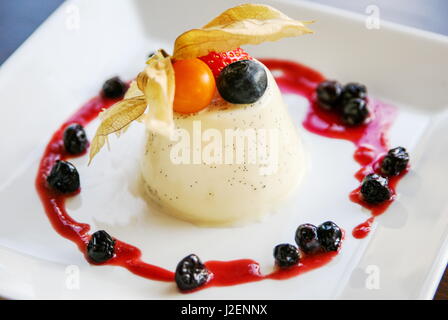 Pannacotta mit Cassis-Coulis auf einem weißen Teller Stockfoto