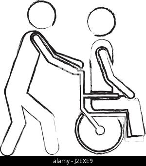 verschwommene Silhouette Person hilft ein anderes schieben eines Rollstuhls Stock Vektor