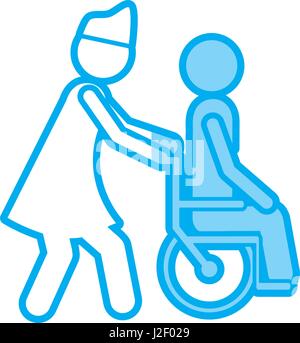 blaue Schattierung Silhouette mit Krankenschwester helfen, eine andere Person schieben einen Rollstuhl Stock Vektor