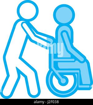 blaue Schattierung Silhouette mit Person hilft ein weiterer Stoß einen Rollstuhl Stock Vektor
