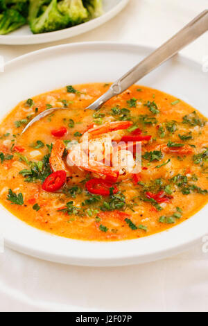 Herzhafte Tomatensuppe mit Garnelen auf weißem Teller Stockfoto