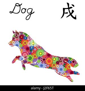 Springenden Hund Chinesisches Sternzeichen, Vektor-Schablone mit Farbe Blumen isoliert auf einem weißen Hintergrund, Symbol des neuen Jahres auf dem östlichen Kalender Stock Vektor