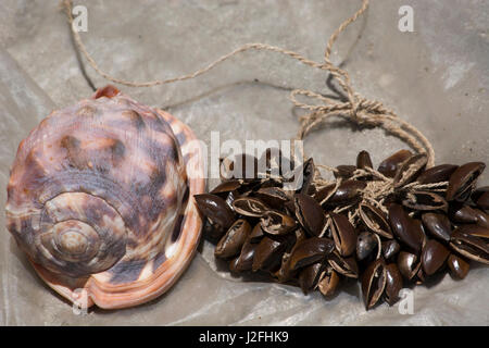 Melanesien, Makira-Ulawa Provinz, Solomon Inseln, Insel Owaraha oder Owa Raha (ehemals Santa Ana bekannt), Dorf Gupuna aka Ghupuna. Souvenir seashell und Saatgut Armband. Stockfoto