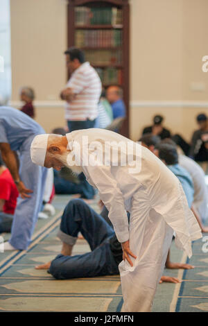 Eine ältere amerikanische Middle Eastern Mann in Tradition Kleid Bögen im Gebet während der muslimischen Nachmittagsgottesdienste in einer Moschee in Anaheim, CA. Stockfoto