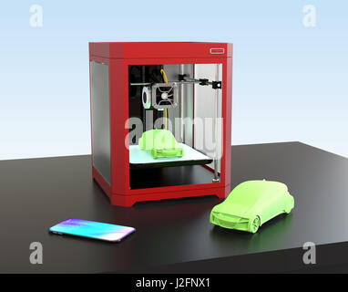 3D-Drucker, Smartphone und 3D Beispielmodell. 3D-Rendering Bild. Stockfoto