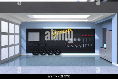 Seitenansicht des leeren Wohn-Garage mit Ladestation Elektrofahrzeug. 3D-Rendering Bild. Stockfoto