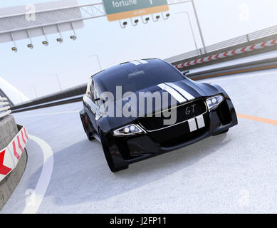 Schwarzen Elektro-Sportwagen auf der Autobahn. 3D-Rendering Bild. Stockfoto