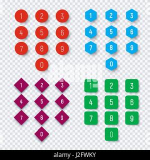 Zahlen von 0 bis 9 auf eine Runde, quadratische, sechseckige und rhombischen Farbschaltfläche. Vorlage für Web-Design auf einem transparenten Hintergrund mit einem Schatten aus der Stock Vektor