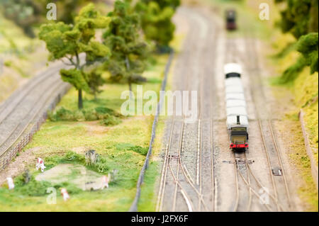 Modell von Güterwagen auf einer Miniatur-Eisenbahn-Set - flach d.o.f Stockfoto