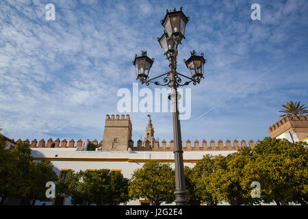 Sevilla Kathedrale Giralda Turm von Alcazar von Sevilla Andalusien Spanien. Der Alcázar von Sevilla ist ein königlicher Palast in Sevilla, Spanien, ursprünglich Entwicklung Stockfoto