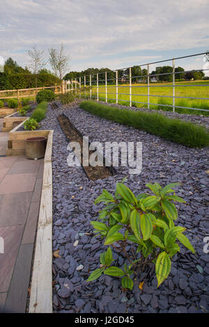 Schönen, gepflegten, privaten Garten mit modernem Design, gepflasterte Terrasse, Sträucher & Gräser in Linien auf erhöhte Grenze - Yorkshire, England, UK. Stockfoto