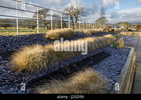 Wintersonne auf schönen, privaten Garten, Yorkshire, England, UK - stilvolle, moderne Design & Landschaftsbau, Schiefer und Gräser auf Holz Hochbeete. Stockfoto