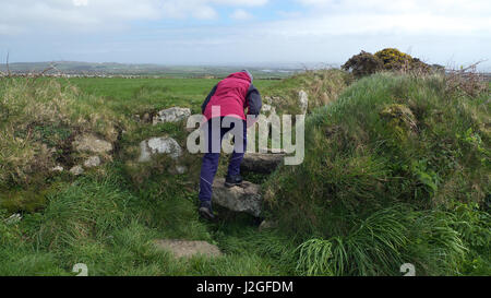 Weibliche Wandererin, die die Steintreppen von Cornish überquert, führt über eine Feldhecke in der Nähe von Boswarthen, Cornwall, West Country, SW England, Großbritannien, GB, GROSSBRITANNIEN Stockfoto