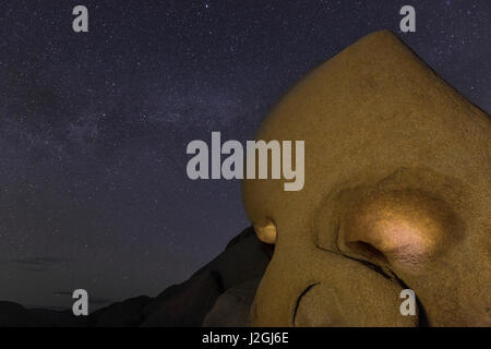 Skull Rock leuchtet in der Nacht in Joshua Tree Nationalpark, Kalifornien, USA Stockfoto