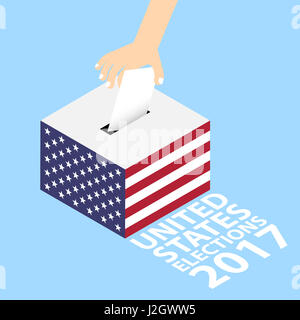 USA Wahlen 2017 Illustration Flat Style - Hand setzen, Abstimmung von Papier in die Wahlurne Stockfoto