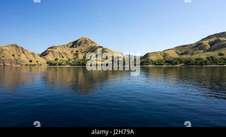 Küste von Bergen mit grüner Vegetation spiegelt sich im blauen Ozeanwasser in Labuan Bajo auf Flores, Indonesien. Stockfoto