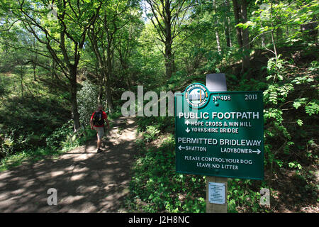 Win Hill Fußweg Zeichen, Ladybower Vorratsbehälter, Derwent Valley, Derbyshire, Peak District National Park, England, UK Stockfoto