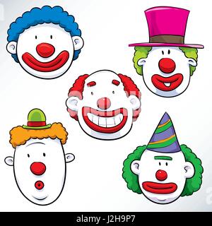 Ein Satz von fünf Cartoon Clown Gesichter mit lustigen ausdrücken. Stock Vektor