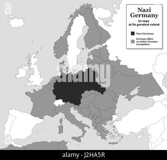 Nazi-Deutschland auf seine größte Ausdehnung während des zweiten Weltkriegs im Jahre 1942 - mit deutschen Verbündeten und Staaten unter deutscher Besatzung. Historische Karte schwarz und weiß.