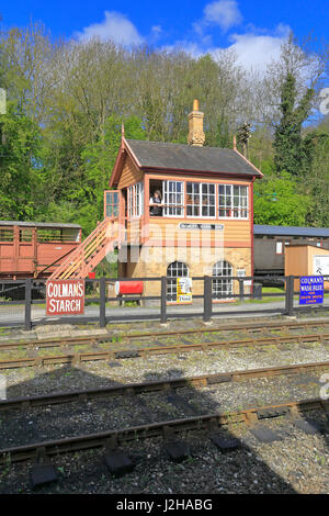 Das Stellwerk am Bahnhof Highley auf die Severn Valley Railway, Highley in der Nähe von Bridgnorth, Shropshire, England, UK. Stockfoto