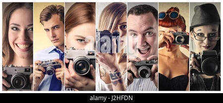 Collage aus 7 Personen mit Kameras Stockfoto