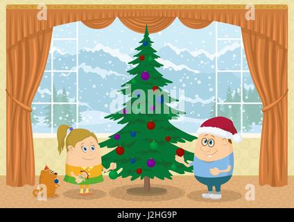 Kinder schmücken Weihnachtsbaum Tanne Stock Vektor