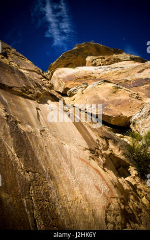 Vielfalt der Freemont Petroglyph Felsbilder mit menschliche Symbole geschnitzt auf Gesicht Canyonwänden, Ute Heimat in der Nähe von Vernal Utah Stockfoto