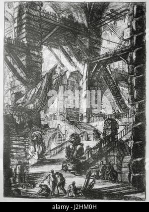 Die imaginären Gefängnisse (Carceri d'invenzione), die zweite Version der Baureihe Stiche von Giovanni Battista Piranesi, veröffentlicht im Jahre 1761.  Tafel VIII: Das Treppenhaus mit Trophäen Privatsammlung Stockfoto