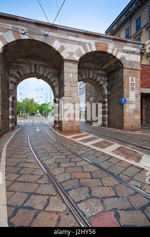 Italien, Lombardei, Mailand, Via Alessandro Manzoni Street, Archi di Porta Nuova, Tore der mittelalterlichen Mauern rund um Mailand Stockfoto