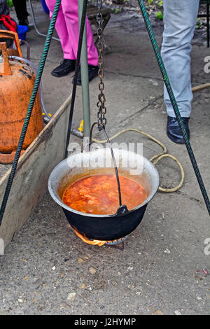 Kochen traditionellen Eintopf in einem Kessel im Freien. Stockfoto