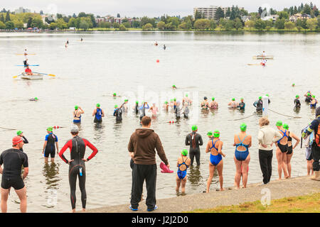 Seattle Park ein, zwei Meilen offene Wasser schwimmen, Weststrand, Green Lake, Seattle, WA Stockfoto