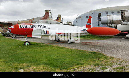 Lockheed T-33 T-Bird, ausgestellt von der Vereinigung der Ailes Anciennes de Toulouse Blagnac, Frankreich. Stockfoto