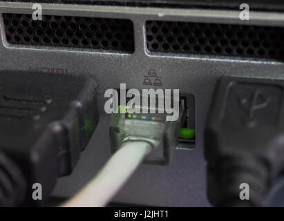die Netzwerkkabel in Netzwerk-Switches verbunden. Stockfoto
