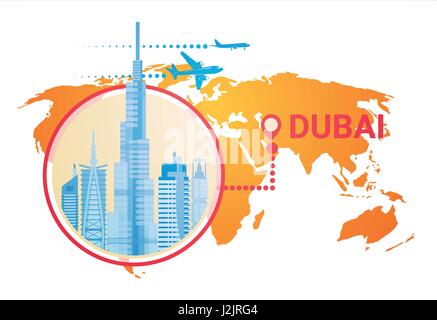 Dubai Skyline Panorama über Weltkarte, modernes Gebäude Stadtbild Geschäftsreisen und Tourismus-Konzept Stock Vektor