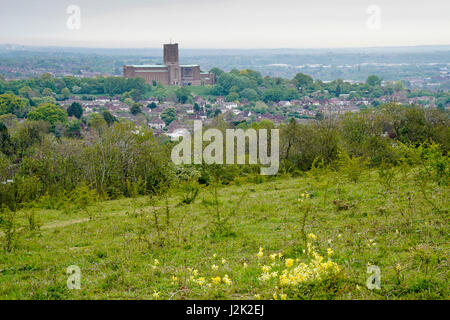 Der Mount, Guildford. 29. April 2017. Bewölkt und nebligen Bedingungen über den Home Counties heute Morgen. Der Blick vom Mount, North Downs Way, Guildford. Bildnachweis: James Jagger/Alamy Live News Stockfoto