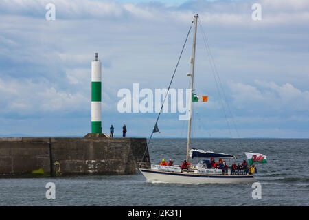 Aberystwyth, Wales, UK. Teilnahme Langbooten, kommen Teams und Unterstützung Boote in Aberystwyth nach einem anstrengenden Ausflug mit Übernachtung über die irische See. Die Celtic Herausforderung ist die weltweit längste wahre Ruderregatta wo Teams Rennen von Arklow im County Wicklow, Ireland, Aberystwyth auf der walisischen Küste, eine Entfernung von etwa 90 Seemeilen. Celtic und Pembrokeshire Langbooten teilnehmen. Auf diesem Foto die Unterstützung Boot Ozean Venturer Arriveback im Hafen von Aberystwyth. Stockfoto