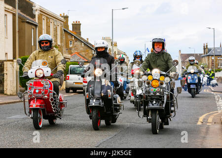 Troon, Ayrshire, Großbritannien. 29. April 2017. Die jährliche West Of Scotland Scooter Rally fand in Troon, mehrere hundert Lambrettas, Vespas und andere Fabrikate von Motorrollern, sowohl alte als auch neue, aus ganz Schottland Ayrshire und es angezogen. Wegen seiner Popularität der Veranstaltung findet jetzt an drei Tagen mit Attraktionen wie als live-Bands, spezialisierte Stände und Einzelhändler und Preise für verschiedene Wettbewerbe wie "das am besten gehütete Scooter" Credit: Findlay/Alamy Live News Bildnachweis: Findlay/Alamy Live News Stockfoto