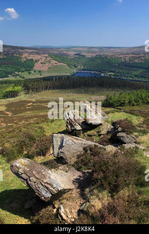 Sommer-Blick vom Win Hill über Ladybower Vorratsbehälter, Derwent Valley, Derbyshire, Peak District National Park, England, UK Stockfoto