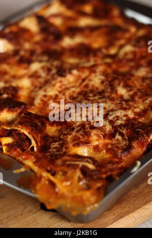 Frisch gebackene Lasagne in Backform. Lasagne Bolognese-Serie zu machen. Stockfoto