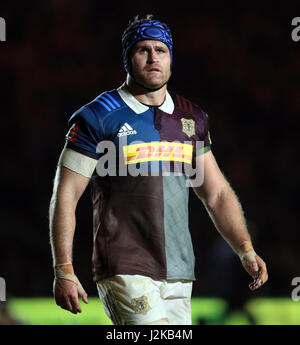 Harlekine James Horwill während des Spiels der Aviva Premiership in Twickenham Stoop, London. PRESSEVERBAND Foto. Bild Datum: Freitag, 28. April 2017. Finden Sie unter PA Geschichte RUGBYU Harlekine. Bildnachweis sollte lauten: Adam Davy/PA Wire. Einschränkungen: Nur zur redaktionellen Verwendung. Keine kommerzielle Nutzung. Stockfoto