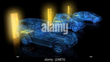Blau Drahtmodell Elektroauto Aufladen von großen glühenden Batterie. 3D-Rendering Stockfoto